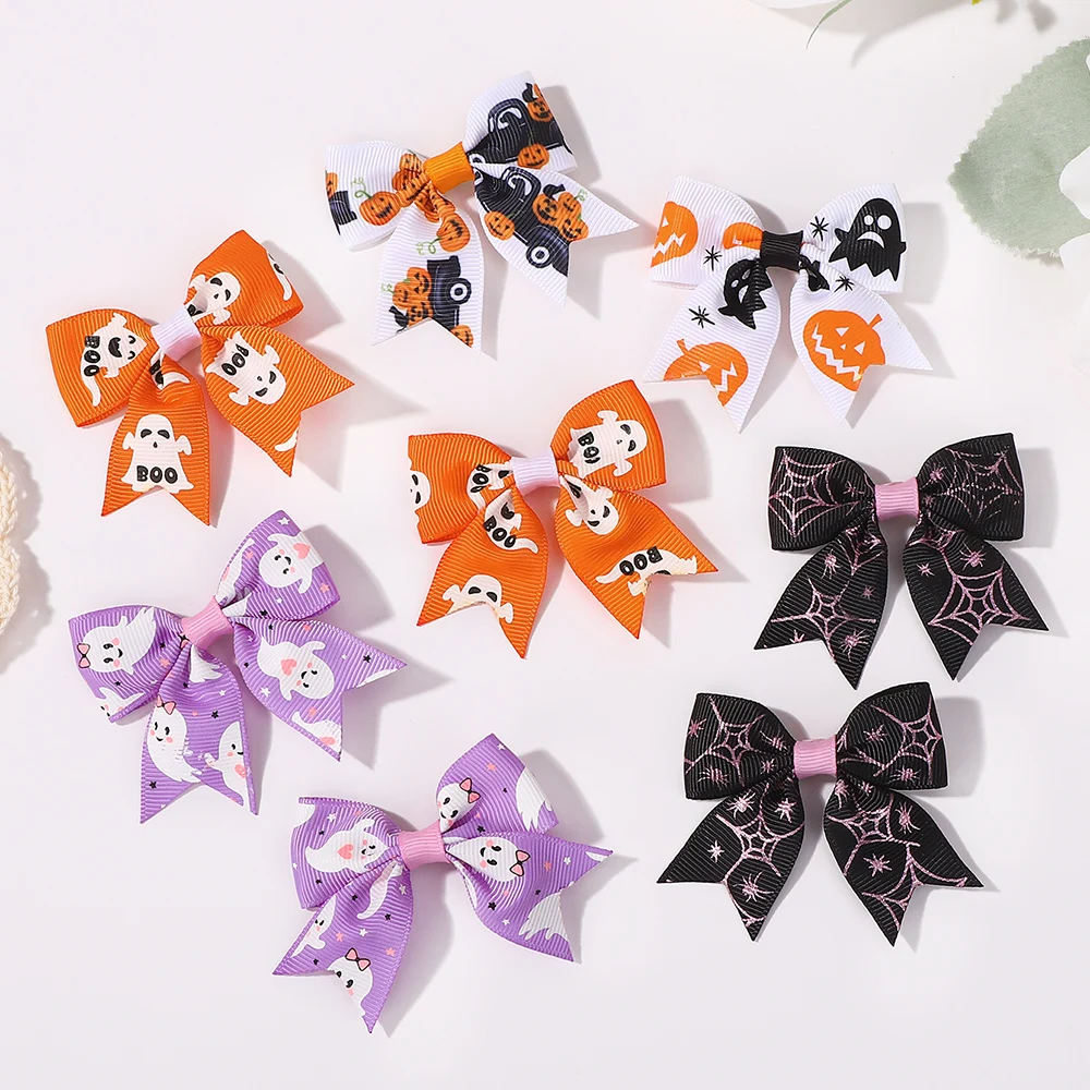 10pcs Halloween Festival Bows with Hair Clip for Baby Girls Handmade Printed Pumpkin Head Party Holiday Kids Hair Accessories
