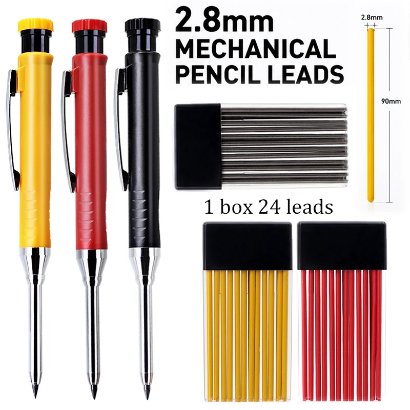 2,8mm Solider Zimmermannsbleistift-Set mit integriertem Anspitzer und Nachfüllminen – Tiefloch-Zeichen- und Markierungswerkzeuge