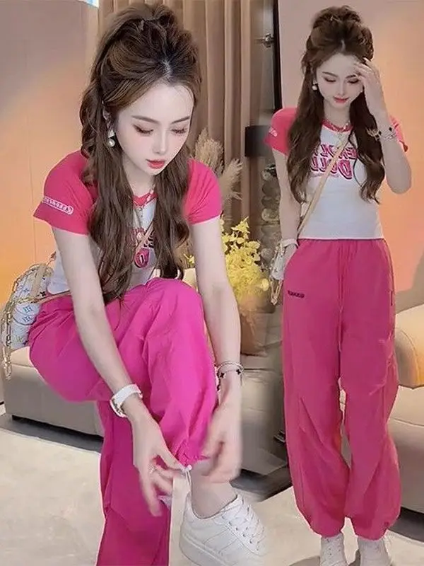 

Summer Casual Sportswear Set Women's Loose ort Sve Long Pants Two-Piece Faionable Anti-Aging Korean Sle Outfit