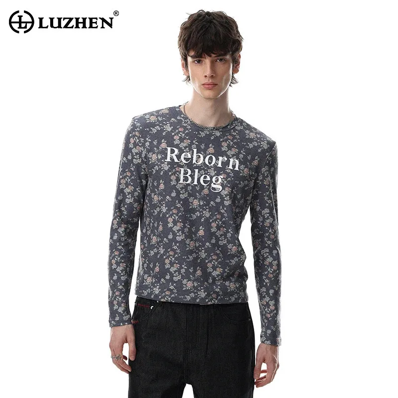 LUZHEN 2026 New Stylish Letter And Floral Printed Slim Long Sleeve T-shirts Men's High Quality Round Neck Casual Clothes JY9269