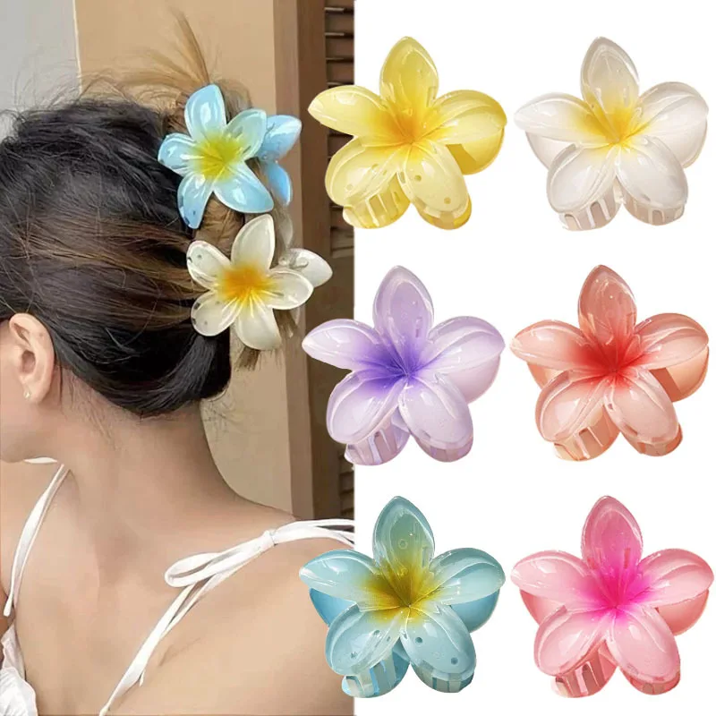 3pcs Boho Gradient Large Flower Acrylic Hair Clip For Women Sweet Hair Claw Crab Clamp Barrettes Hawaiian Headwear Accessories