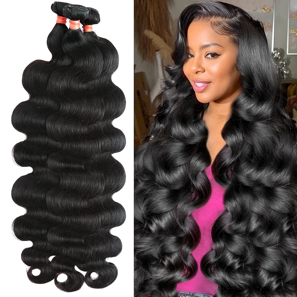 Body Wave Bundles Human Hair 30 32 Inch Raw Hair Brazilian Weaving Natural Black 3 4 Bundles Deal Virgin Hair Extensions Tissage