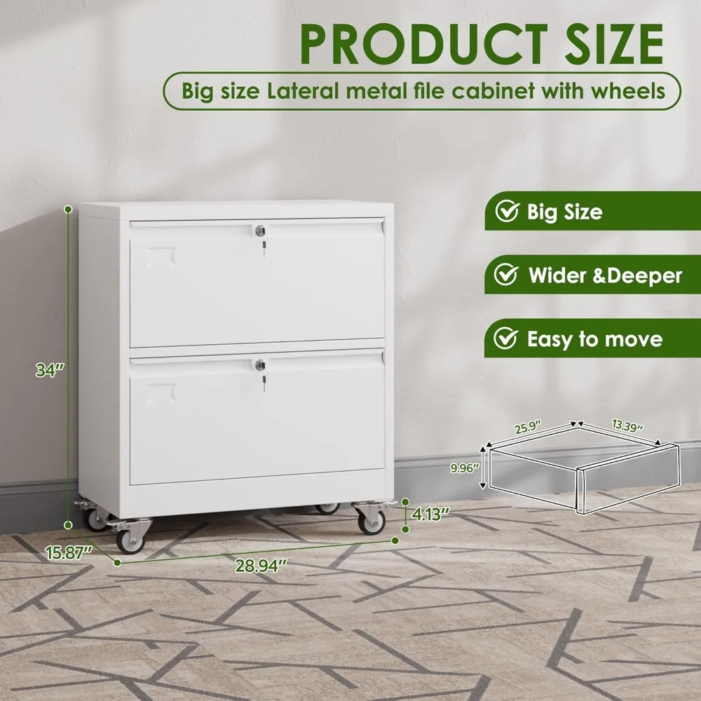 Lockable Metal Lateral File Cabinet with Wheels for Home Office - Legal/Letter Size, White, Storage Solution