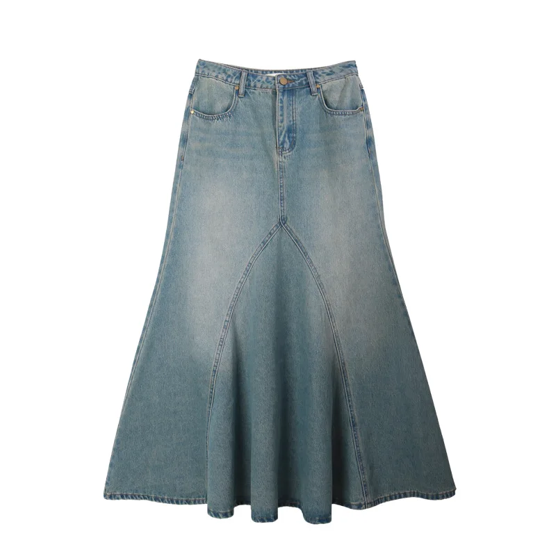 High Waisted A-line Fishtail Skirt Casual Blue Denim Skirt for Summer