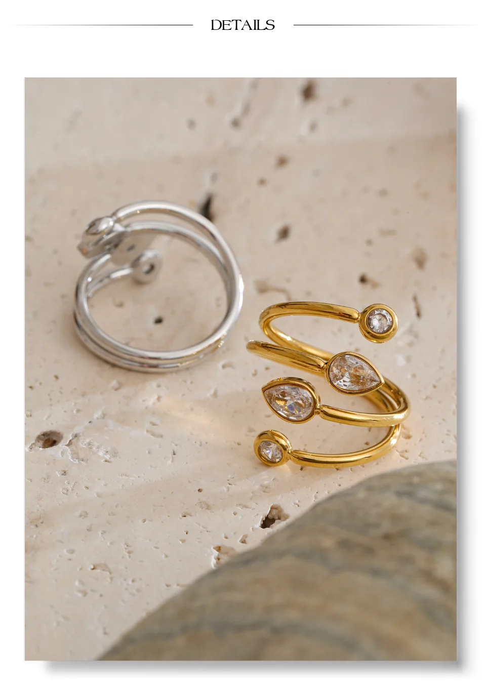 Yhpup Edelstahl-Zirkonia-Tropfenring, rund, geschichtet, verstellbar, Neuheiten, Kreativität, Modeschmuck, Geschenk – Detail 8