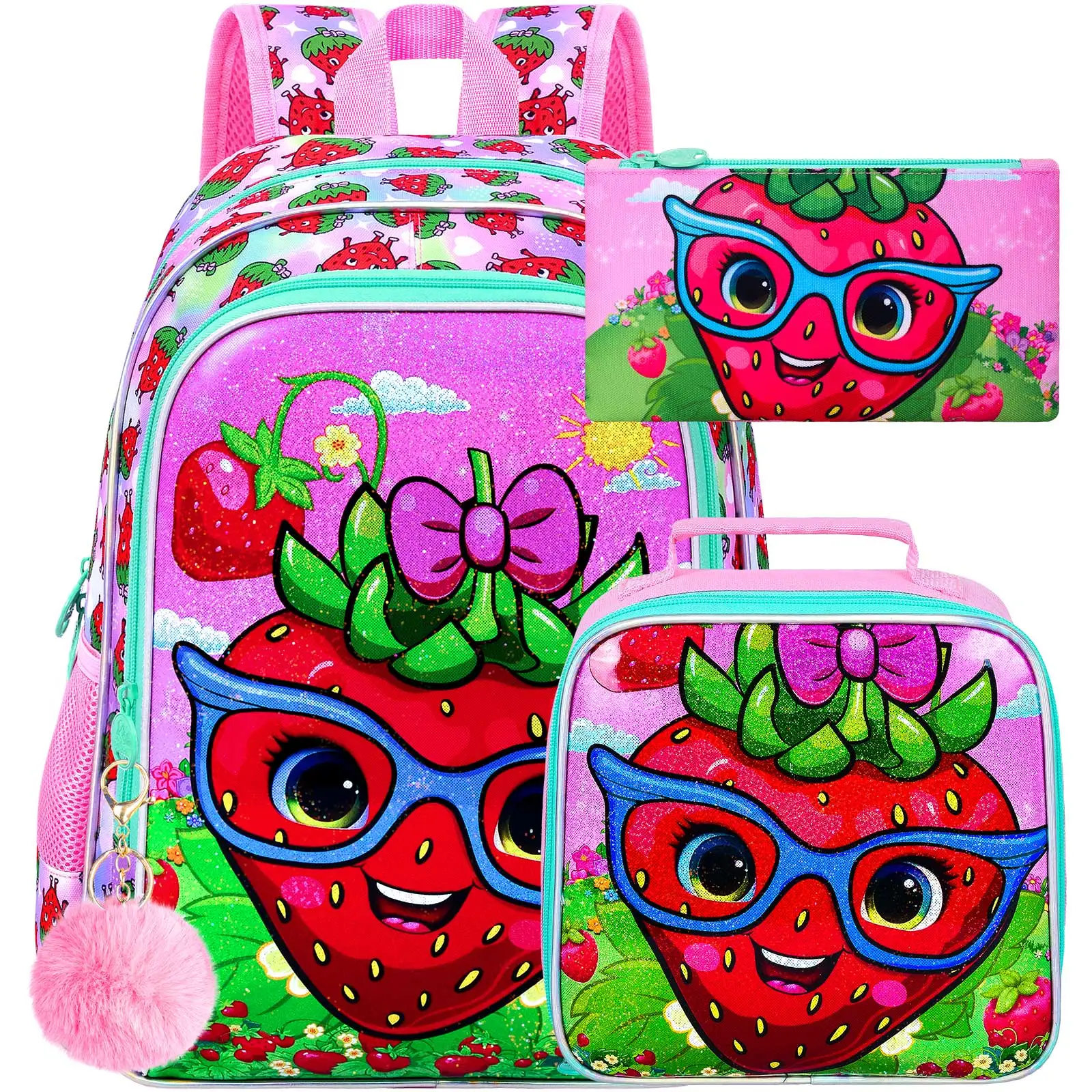 

16" Girls Strawberry Backpack, 3Pcs Kids Bookbag with Lunch Box, School Backpacks for Elementary Preschool Kindergarten