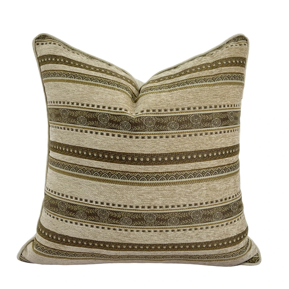 Vintage Classic Soft Heavy Chenille Beige Stripe Pipping Square Pillow Case Sofa Cushion Cover 45 X 45 cm 1 Piece Pack