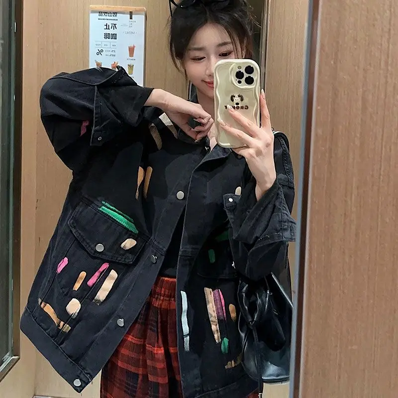

American Retro Graffiti Denim Jacket Women Spring Autumn 2025 New Loose Design Casual Work Jacket top
