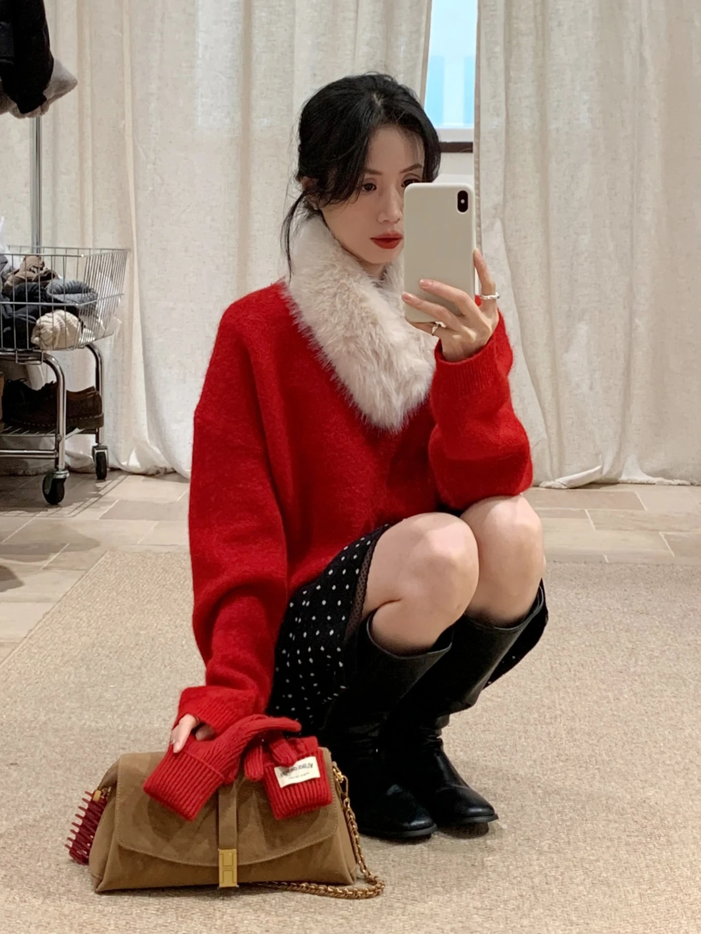 

Korean Sle Red Cisas New Year Knitted Sweater with Fur Collar Women's Autumn Winter Faion Design Personali Sweater