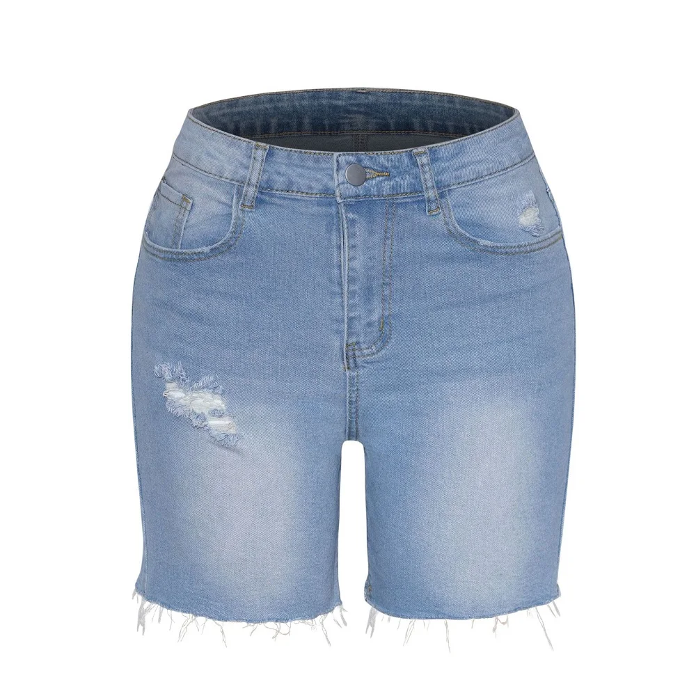 Pantaloncini di jeans da strada estivi da donna Pantaloni corti di jeans elasticizzati a vita alta con foro strappato