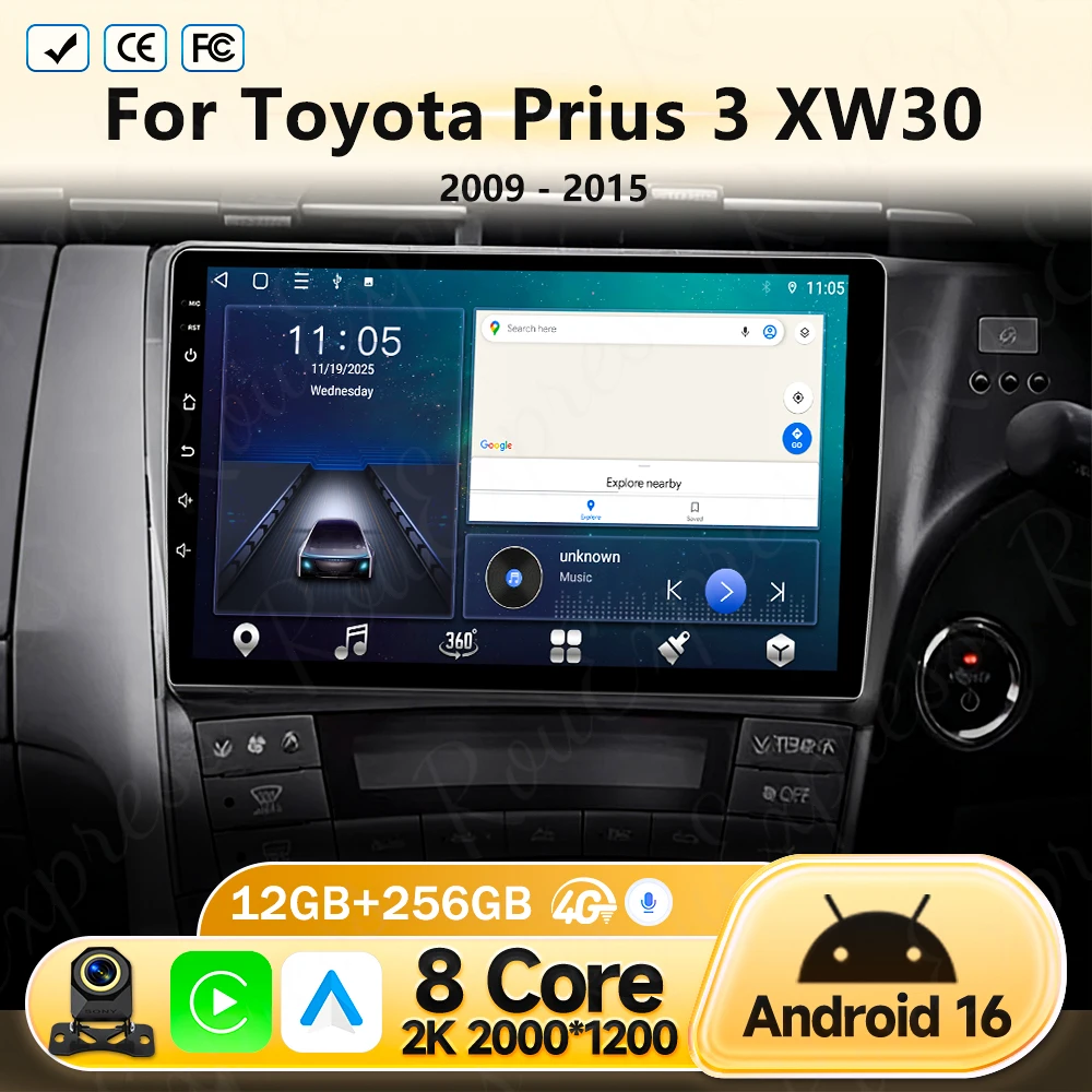 

Автомагнитола для Toyota Prius 3 XW30 2009-2015 с CarPlay, Android Auto, мультимедийный проигрыватель, навигация, 4G, без DVD, 2DIN