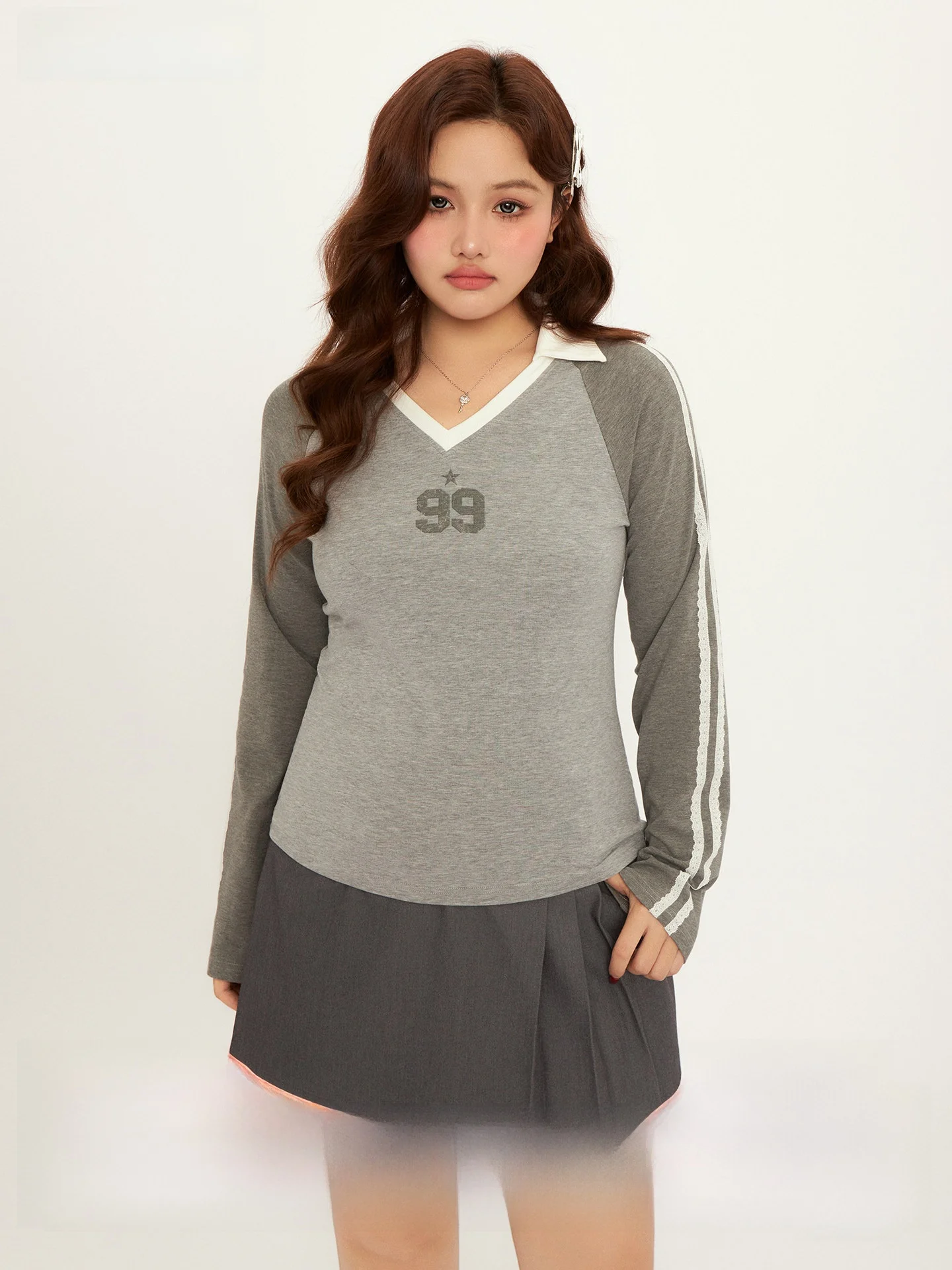 

Slim Fit Long Sve V-Ne T-irt CHIC FRUIT Casual Sle Base Layer Top plus Size Autumn Winter Faion Body Friendly