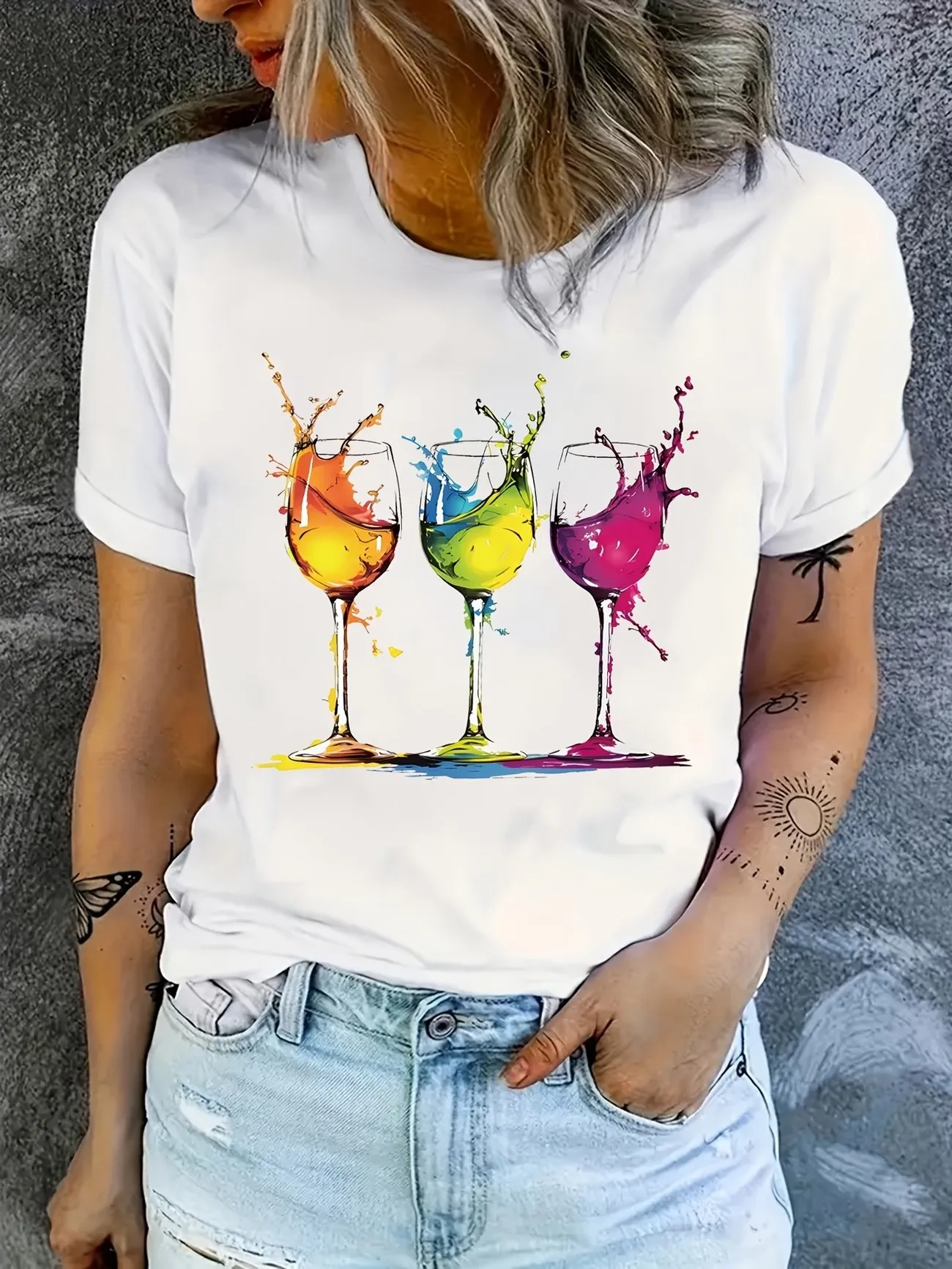 T-Shirt 90er 2026 Geometrisches Weinglas Damen Casual Grafik Y2K Art Print Kurzarm T-Shirt Kleidung Top Tee