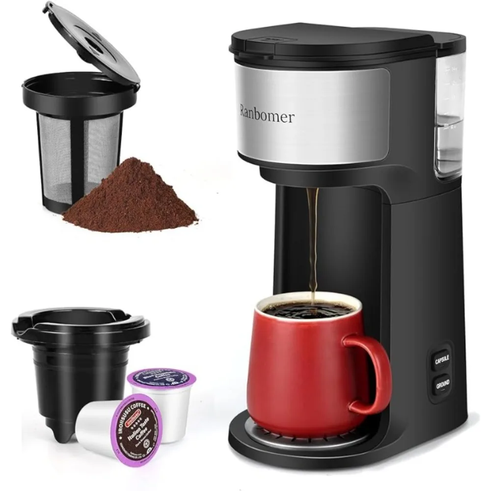 Single Serve Coffee Maker, K Cup and Ground Coffee Machine 2 in 1, 6 to 14 Oz Brew Sizes, Mini One Cup Coffee Maker，Black