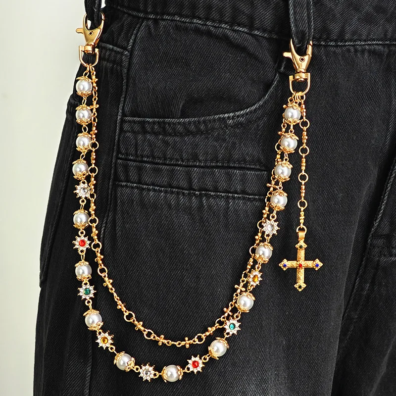 Exquisite Luxury Cross Pendant Imitation Pearl Rhinestone Keychain Belt Chain Men Women Punk Trousers Jeans Chain HipHop Jewelry