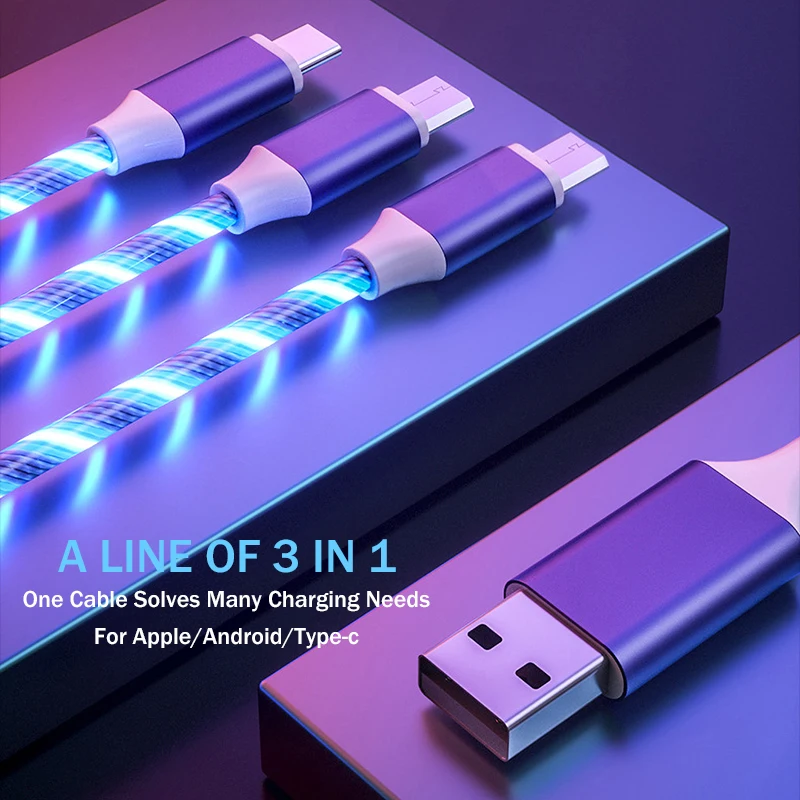 كابل بيانات USB ملون مضيء ، شحن نقل البيانات ، سحب واحد ثلاثة أسلاك ، ايفون ، وايفون ، واسوما ، وسامبونج ، وشيامي ، و 3 في 1