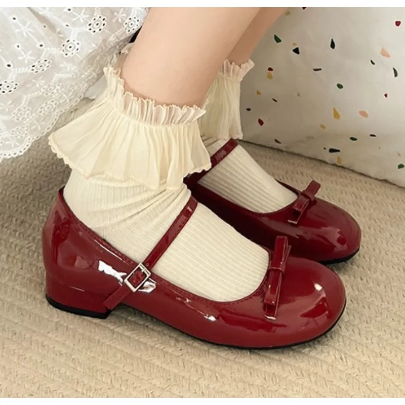 

Spring Wine Red Women Mary Jane Shoes Shallow Ladies Casual Butterfly-knot Shoes Eelgant Dress Leather Shoes