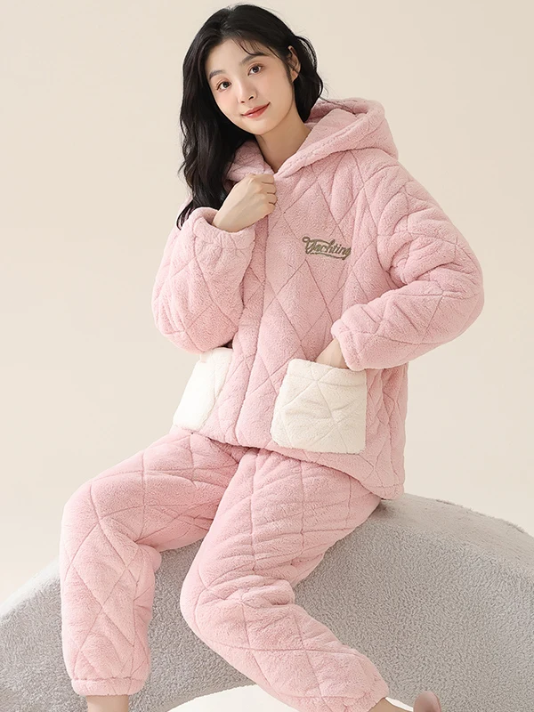 thickened-coral-fleece-sleepwear-women's-winter-new-style-cotton-sandwiched-fleece-lined-hooded-outdoor-wearable-home-clothes