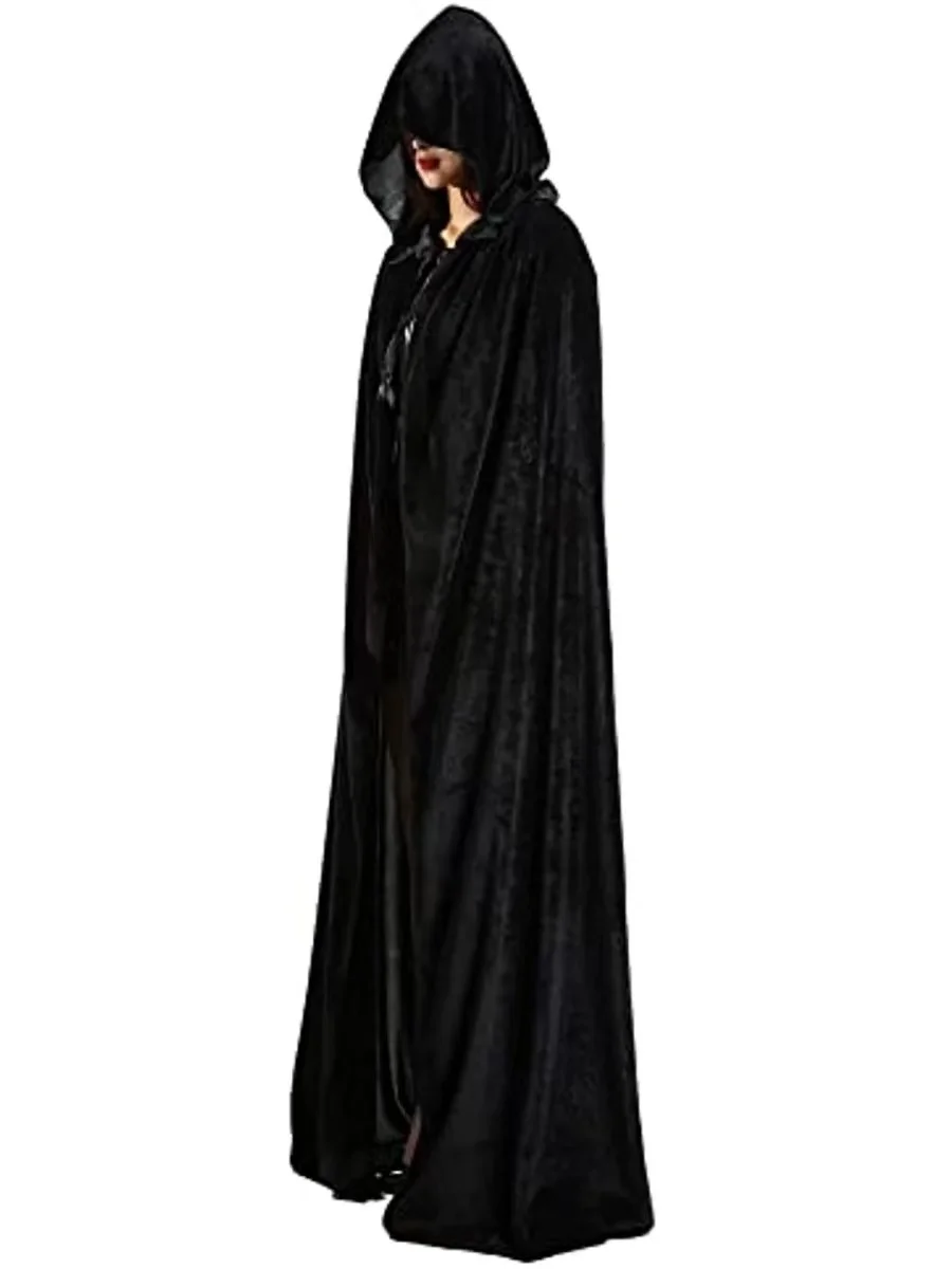 Adult Halloween Pleuche Velvet Cloak Hooded Medieval Costume Witch Wicca Vampire Long Cape Halloween Carnival Cosplay Costume
