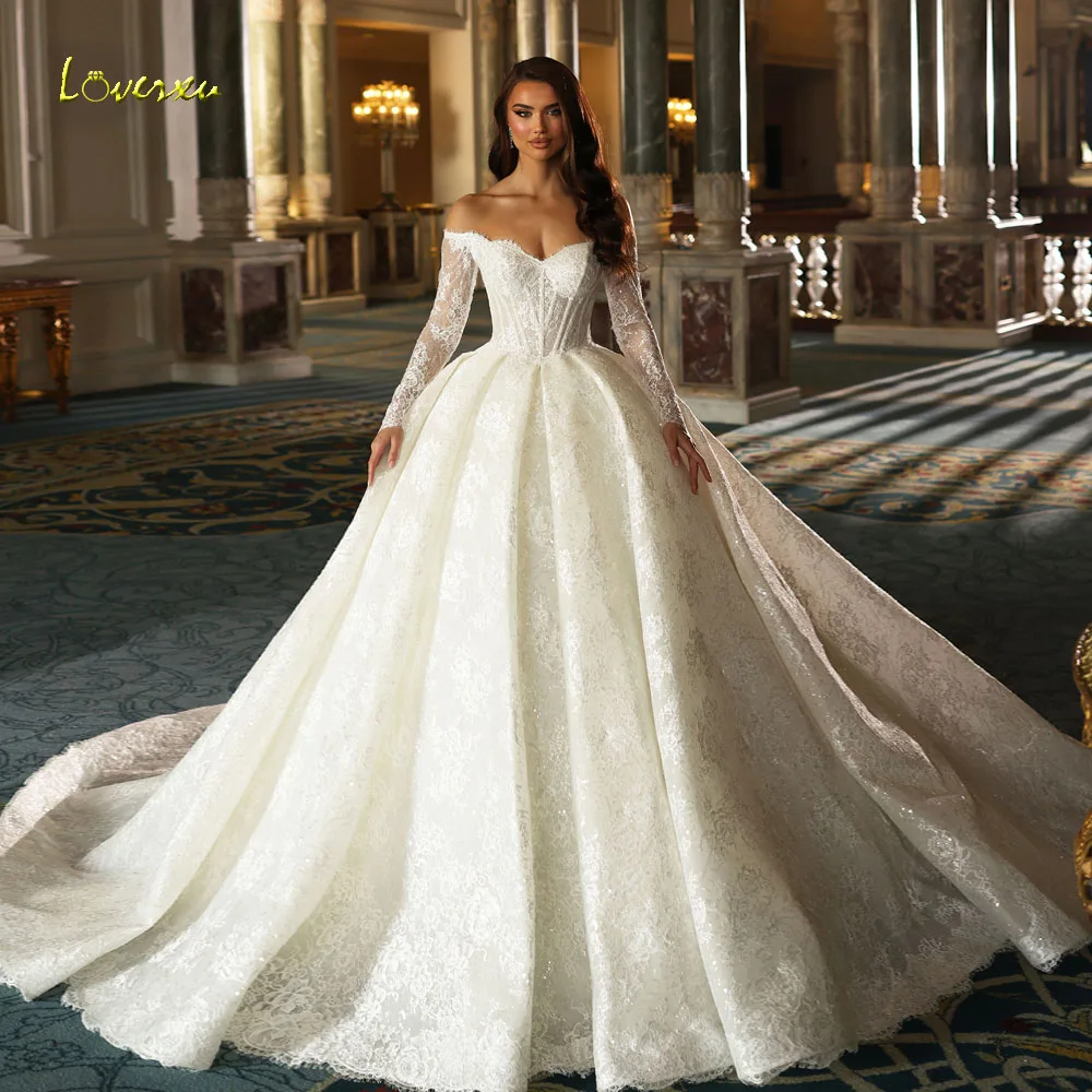 

Loverxu Ball Gown Royal Wedding Dresses Sweetheart Off The Shoulder Vestido De Novia Lace Embroidery Custom Made Bridal Gowns