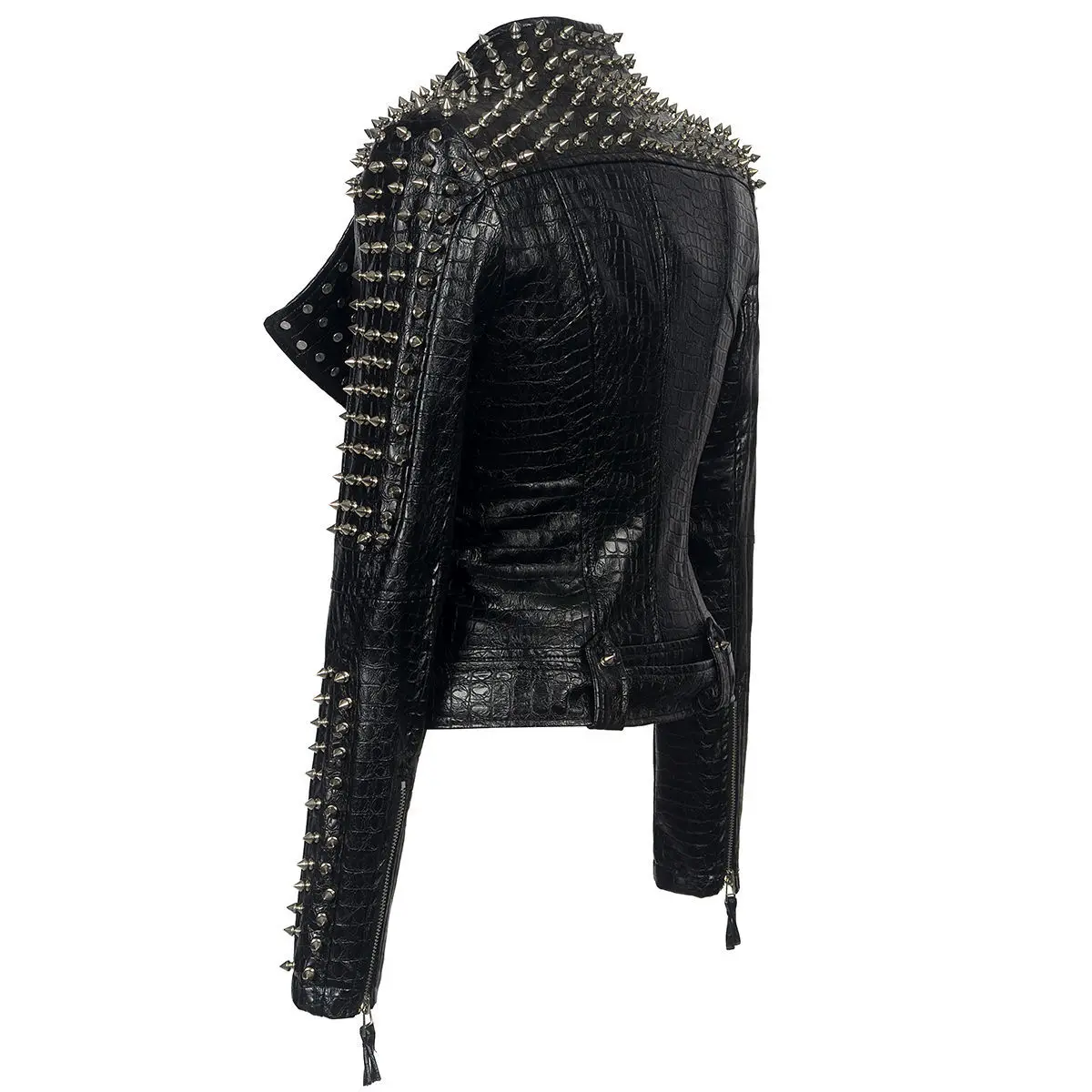 Winter multi rivet short PU leather coat long sleeve jacket fashion women punk Rock black leather clothing