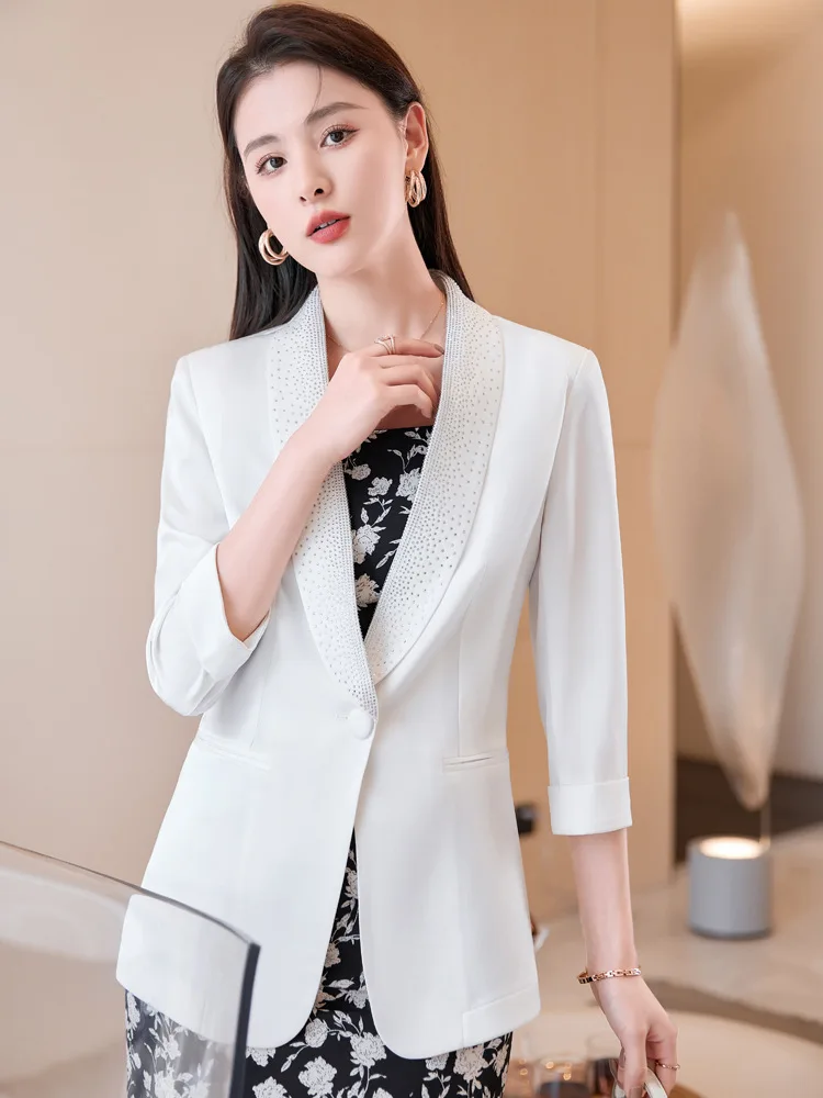 Elegant White Half Sleeve Spring Summer Women Blazers Jackets Coat Professional Office Work Wear OL Styles Outwear Tops Clothes