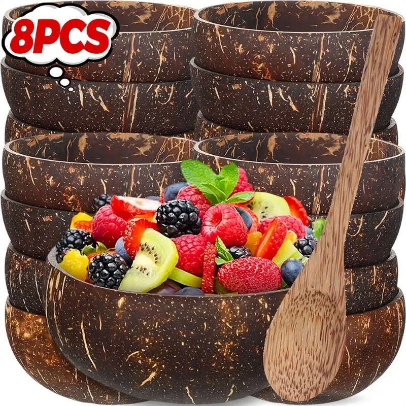 8/1PCS Natural Coconut Bowl Set Coconut Wooden Salad Coco Smoothie Ramen Bowl with Spoon for Dessert Fruit Kitchen Tableware