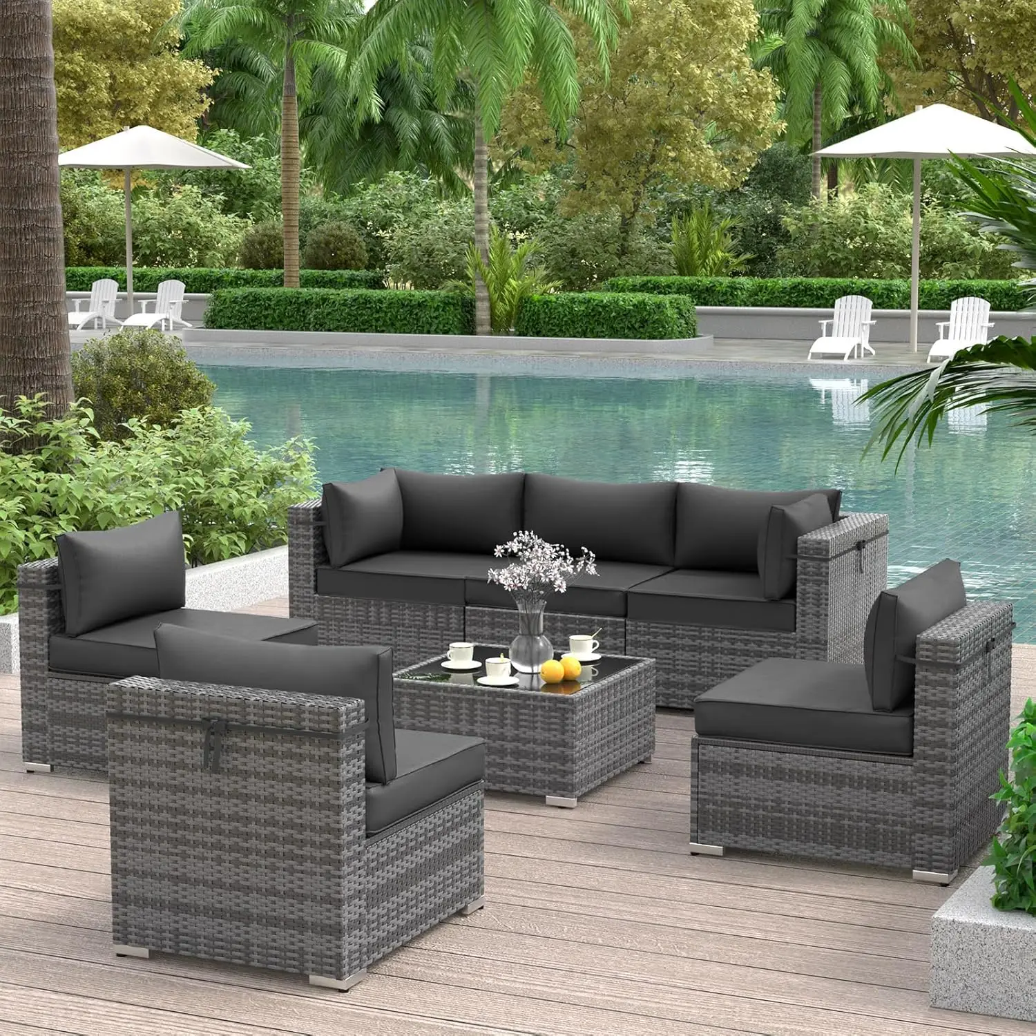 

Outdoor Patio Furniture Set 7 PCS Sectional Rattan Sofa Set, PE Wicker Patio Set with Cushions, Tempered Glass Table, Cover