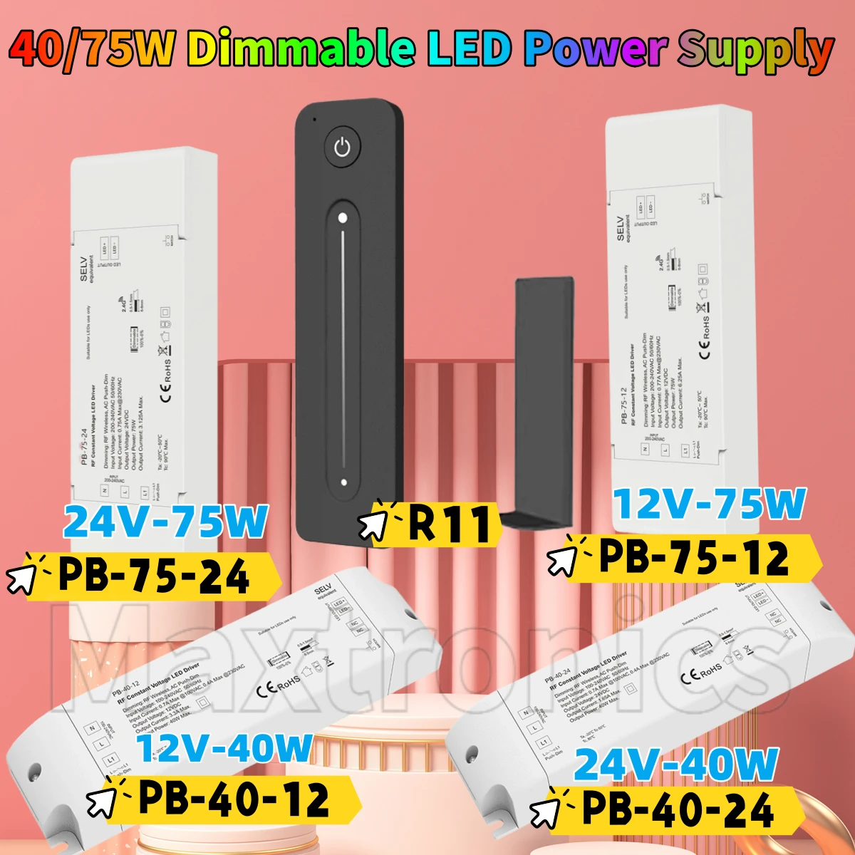 40/75W Dimmable LED Power Supply Skydance DC12/24V Driver Push-dim AC110/220/230V Dimmer Transformer RF Wireless Remote Dimming