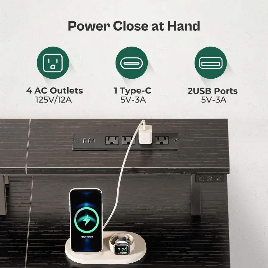 47 Inch Computer Desk with Power Outlets and LED Lights, Gaming Desk with 4 Drawers, Office Desk with Monitor Stand, Study Work