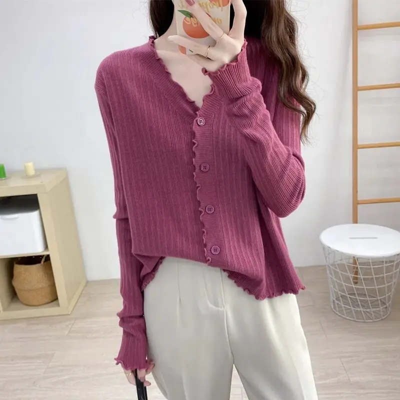 Spring Autumn Casual All-match Long Sleeve V-neck Cardigan Women Clothing Chic Stringy Selvedge Thin Coat Lady Elegant Loose Top