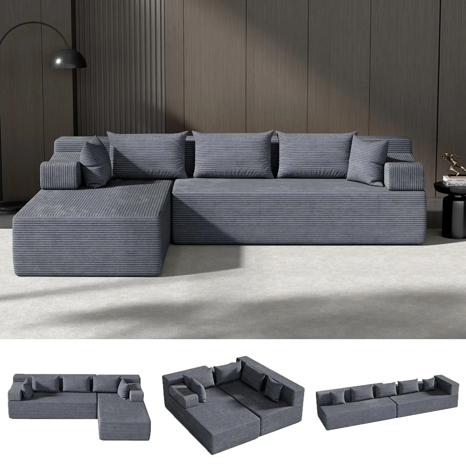 

Модульный секционный диван Cloud 106 дюймов с L-образным шезлонгом, глубоким сиденьем и съемными подлокотниками, на заказ