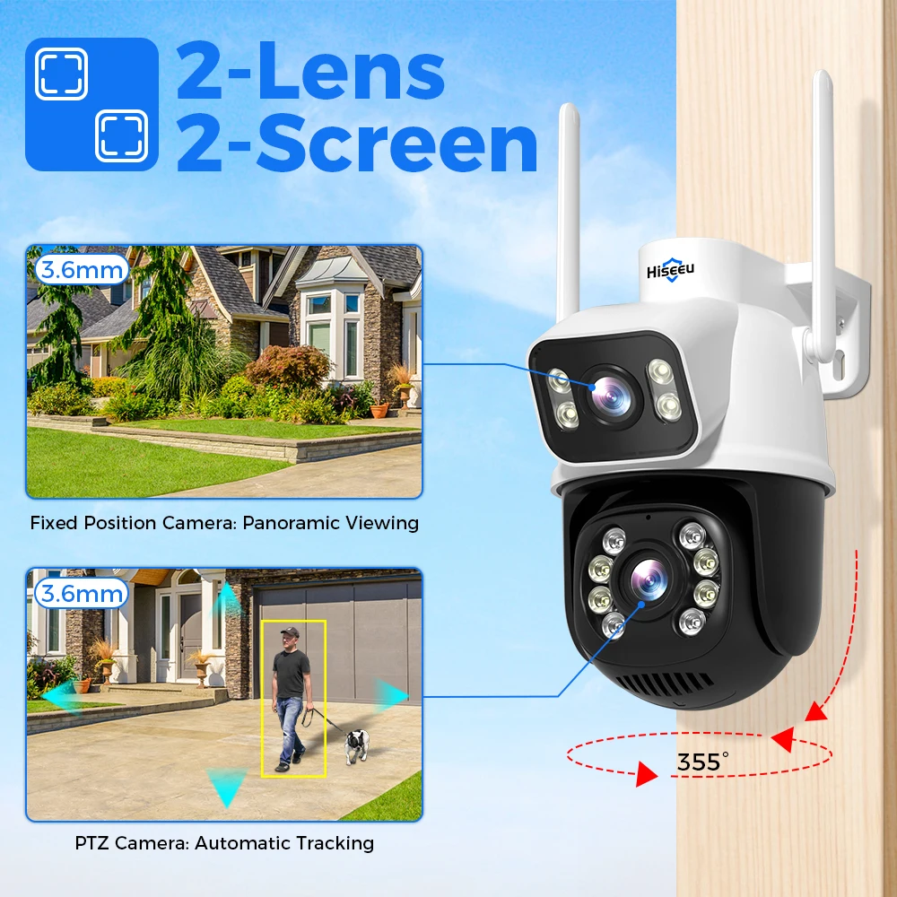 Hiseeu 8mp Wifi Survalance Camera Dual Screen & Dual Lens Color Night Vision Ai Auto Tracking Outdoor Draadloze Beveiligingscamera