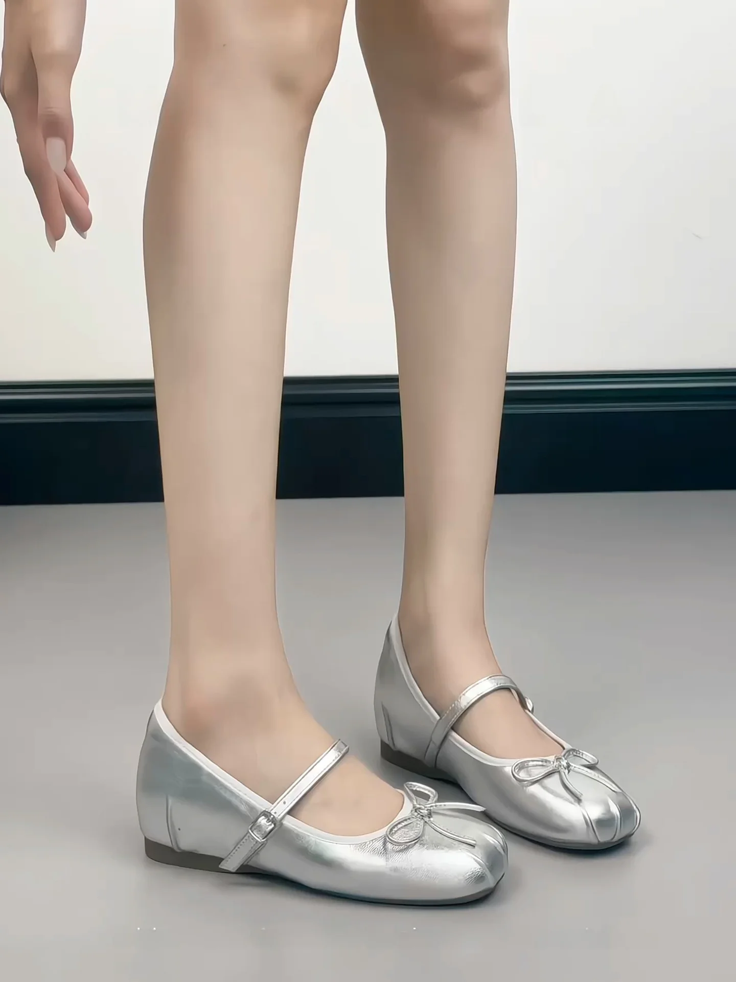 lamb-leather-mary-jane-women's-shoes-5cm-heel-ballet-flat-knot-fashionable-korean-style-round-toe-anti-slip-rubber