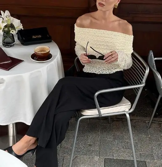 2026 Spring New Pure Desire Style One Shoulder Top Women's Design Sense Long Sleeve Slimming Jacquard Knitted T-Shirt