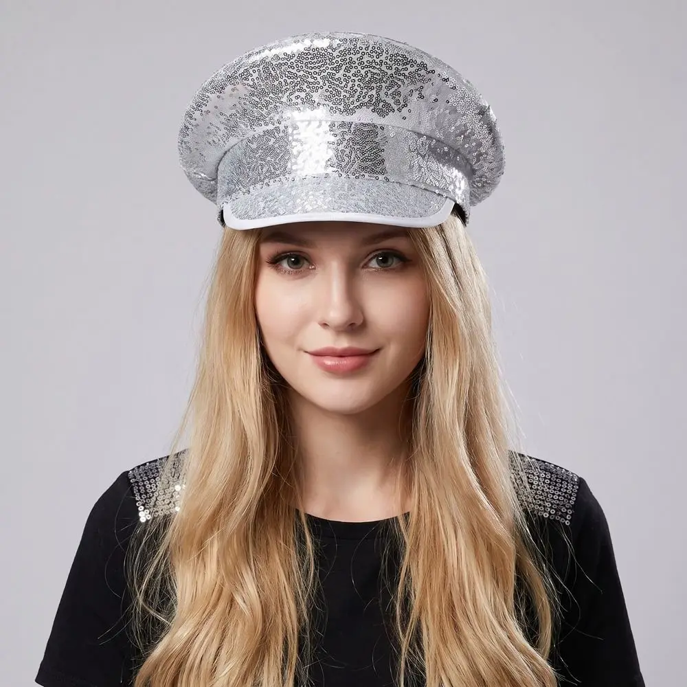 Dance Props PU Leather Sequin Flat Top Hat Shiny Y2k Hats Waterproof Sunscreen Captain Cap Cosplay Show