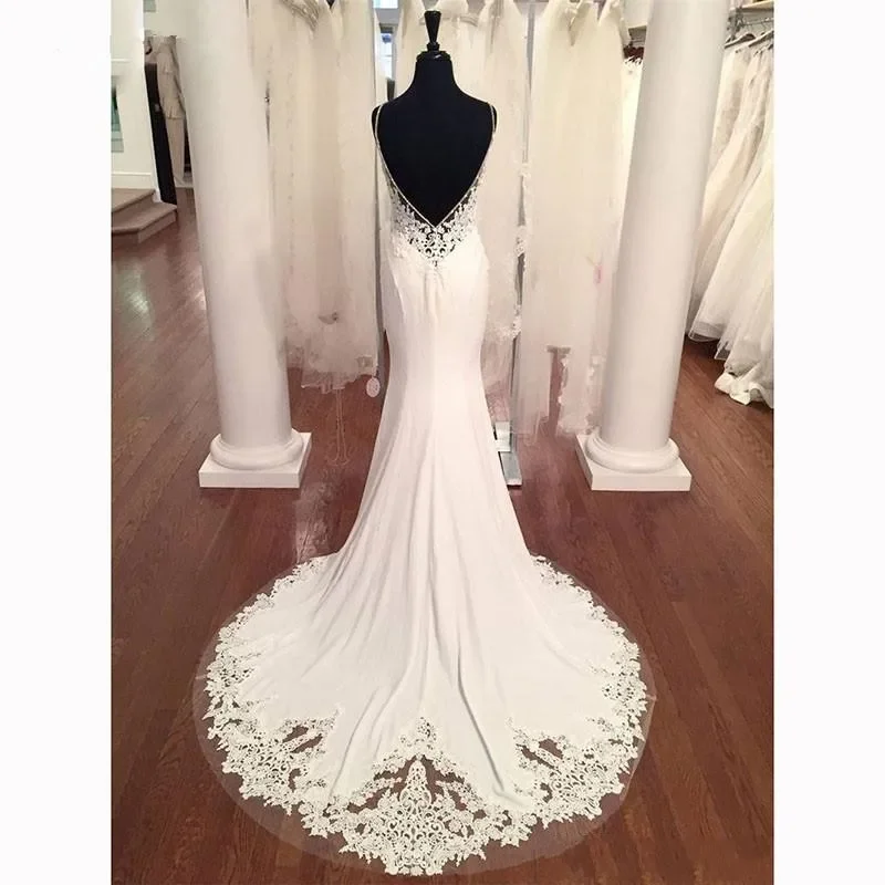Customized  Spaghetti Strap  Lace Appliques Wedding Dress for Bride Robe De Marriage Country Beach  Backless Bridal Gowns