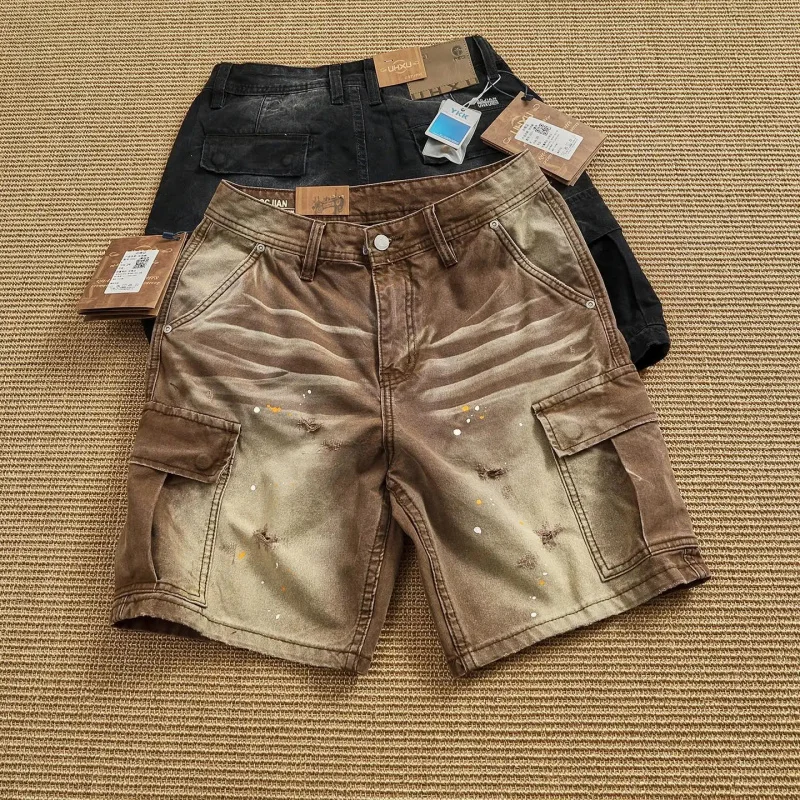 

Men's Heavy Washed Denim Cargo Shorts, Distressed Paint Design, American Vintage Style Knee-Length Shorts with Multiple Pockets