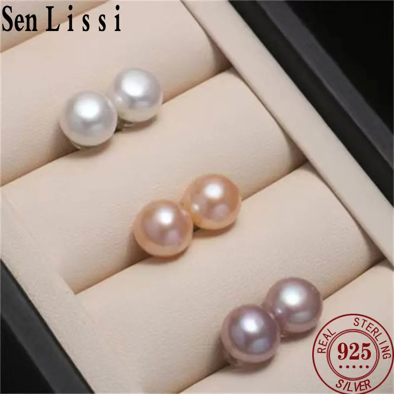 Senlissi- Wholesale 8mm Natural Freshwater White Bread Pearl and 925 Sterling Silver Stud Earrings for Women Jewelry Gifts