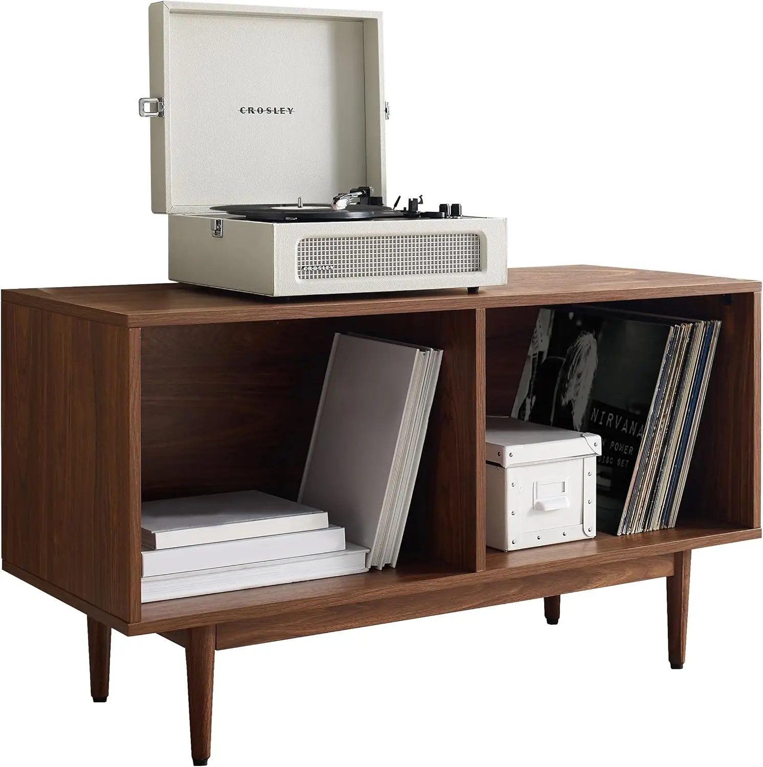 

Walnut Media Console with Vinyl Record Storage, TV Stand and Entertainment Center