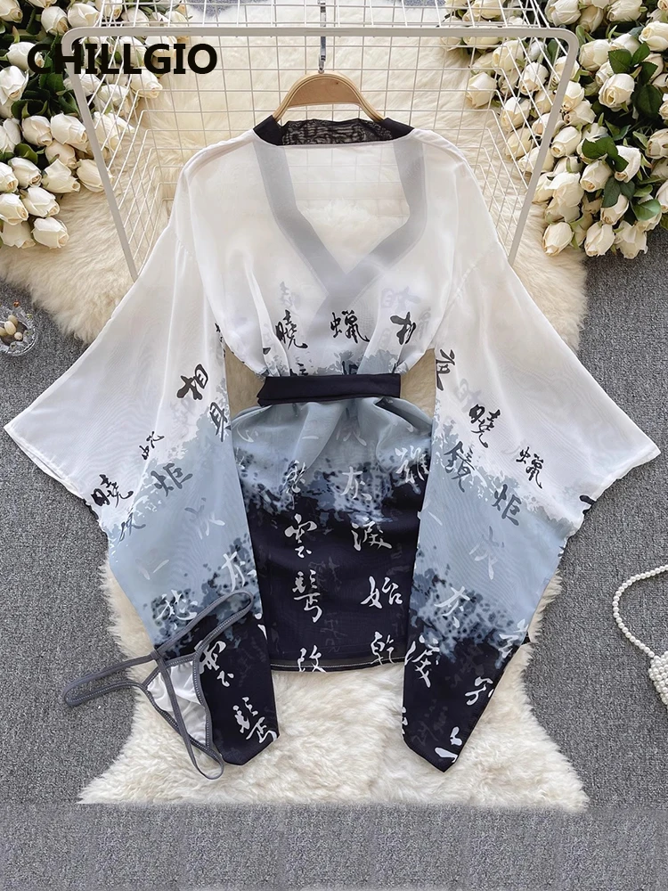 CHILLGIO Women Sexy Print Pajamas Suits Vintage Fashion Erotic Cosplay Costume Dress Thongs Chinese Hanfu Transparent Nighgowns