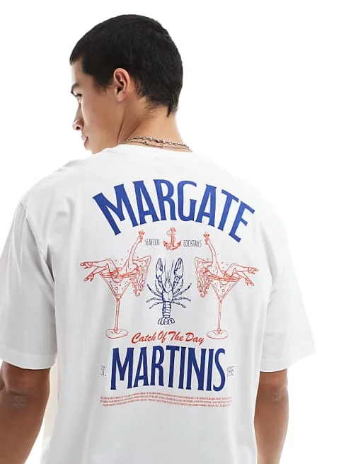 Relaxed Fit T-shirt with Margate Back Print in White High-end Luxury Unisex Style Both of Men and Women