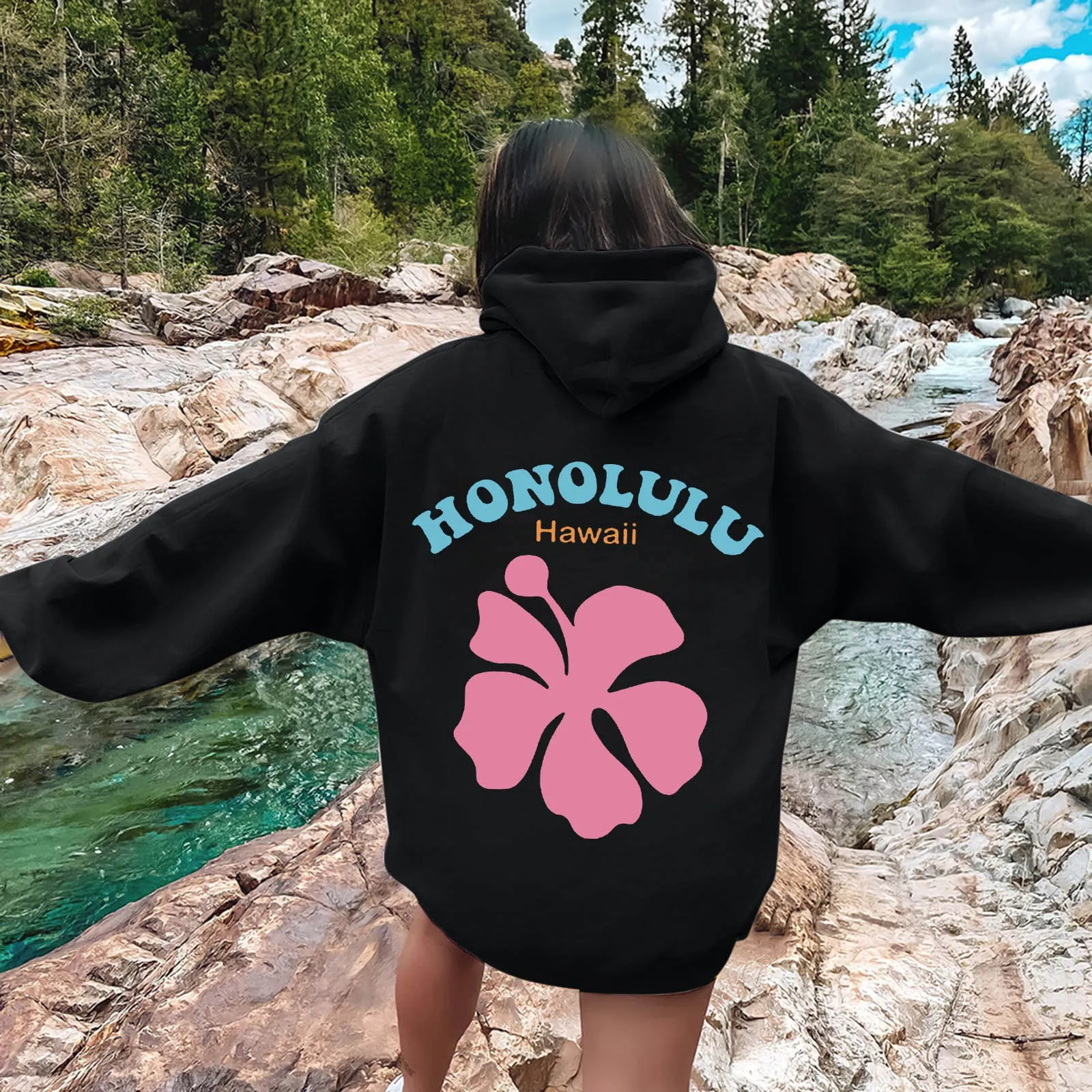 Hawaii Pink Flower Graphic letter Printed Hooded Women Oversized Hoodies High Quality Pullover Female Prevalent Sweatshirt Tops