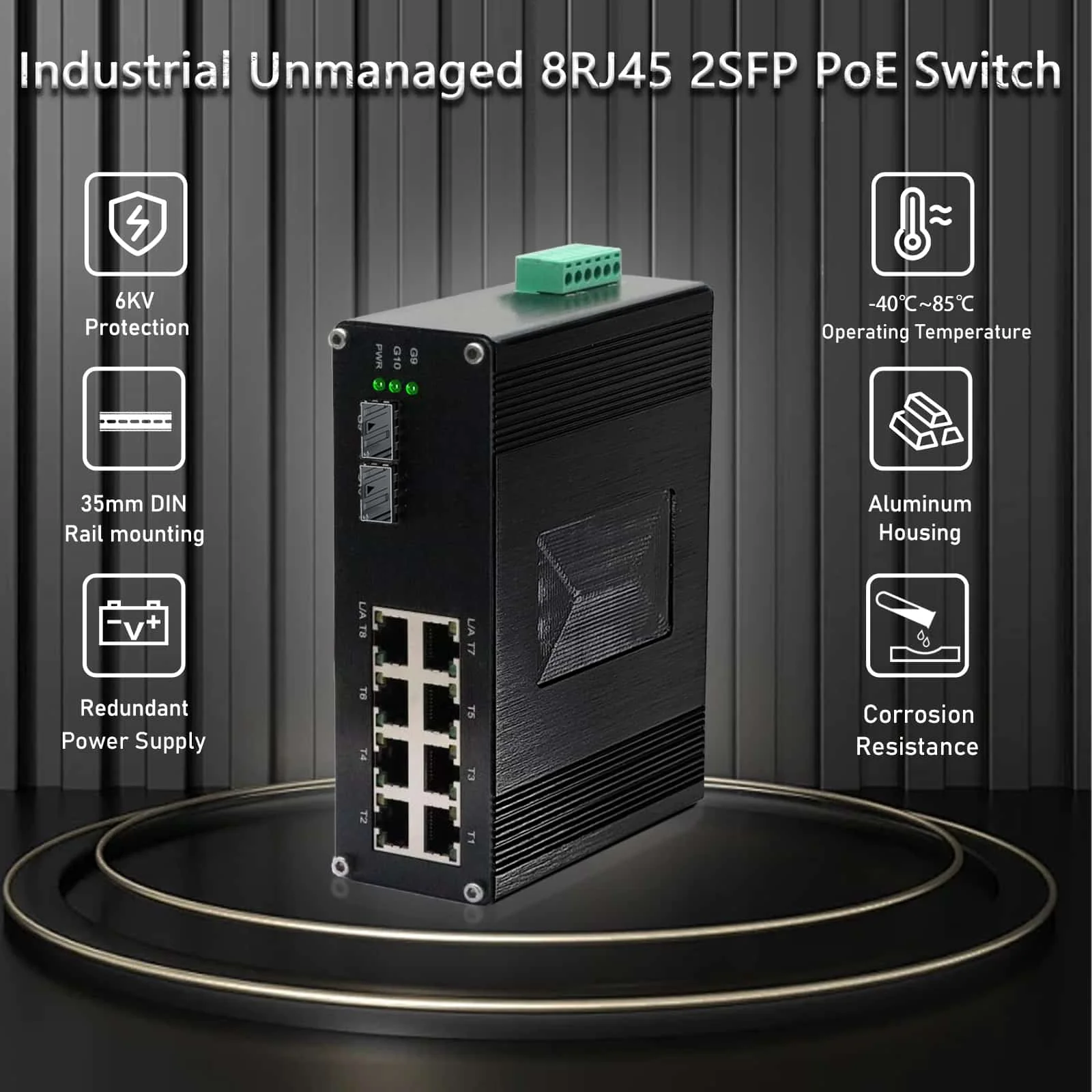 Cost-Effective Industrial 2.5G Switch, 8 Copper Ports + 2 10G SFP+ Ports, Non-PoE for Pure Data Backhaul Ultra-Low Power Compact