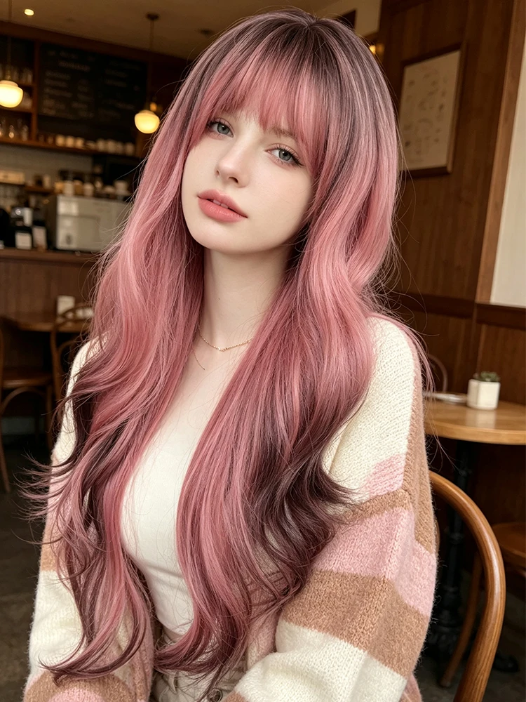 Synthetic 28 Inch Gradient Pink Straight Bangs Big Wave Long Curly Hair Wig Halloween Cosplay Heat Resistant Fiber Hair