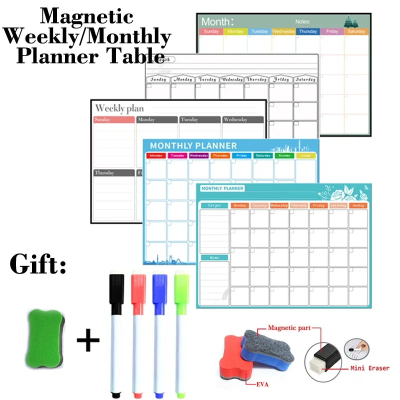 297MM*420MM Size Magnetic Weekly Monthly Planner Dry Erase Whiteboard Fridge Sticker Bulletin Board Gift 4 Pens 1 Eraser