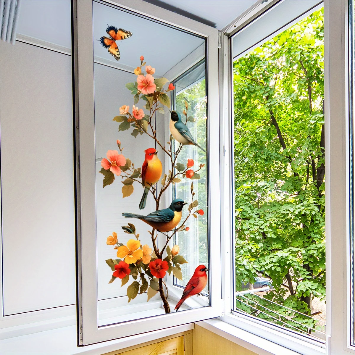 1 Piece of Pastoral Flower and Bird Window Sticker, Butterfly Floral Decoration Sticker, Self-Adhesive Glass Sticker, Bedroom and Living Room Wall Beautification Sticker view 4