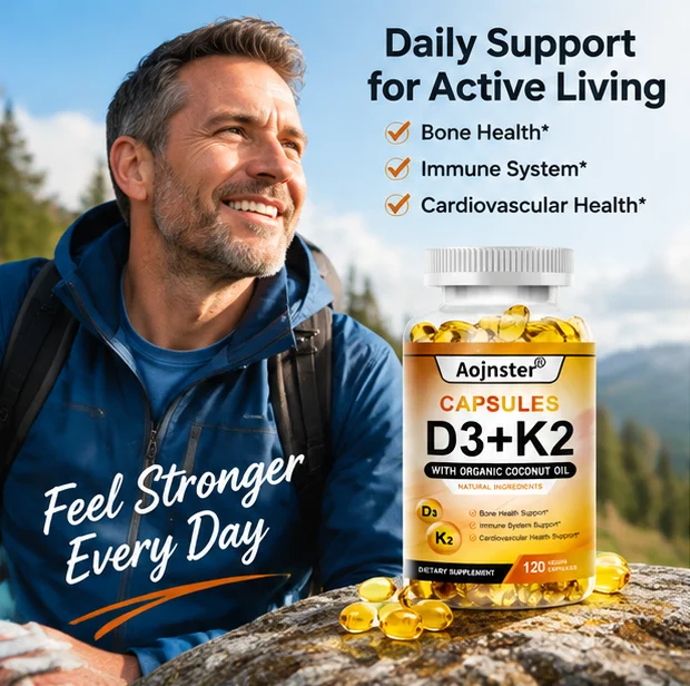 Natural D3 K2 Vitamin Capsules with Organic Coconut Oil, Daily Nutrition to Support Immune and Bone Health, 120 Vegan Capsules
