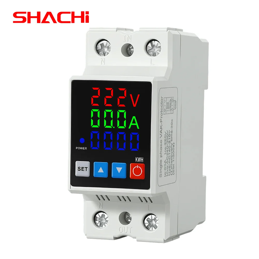 SHACHI 2P Adjustable Digital Display Over-Voltage and Under-Voltage Protection Device, Voltage and Current Protection Relay 63A