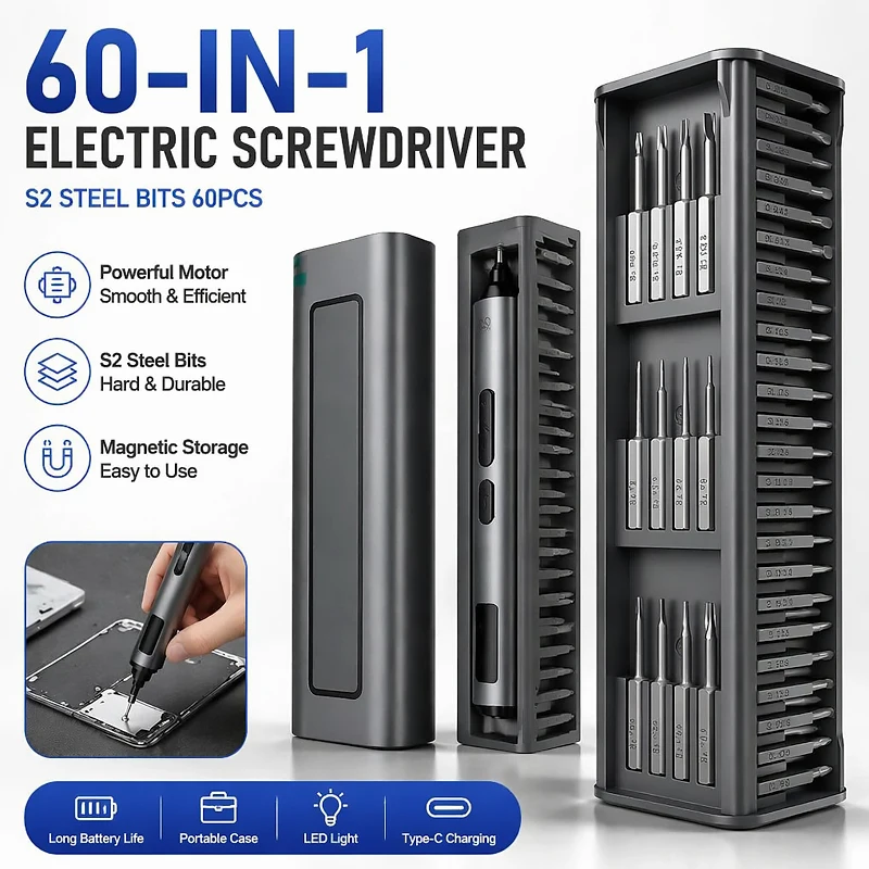 60-in-1 Handheld Electric Screwdriver 5 Torque Levels Adjustable LED Auxiliary Light Wear-resistant S2 Bits Repair Tool Set